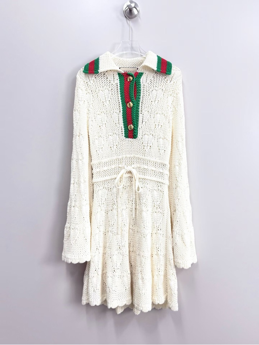 Gucci Cream Knit Long-Sleeve Polo Dress with Green & Red Trim